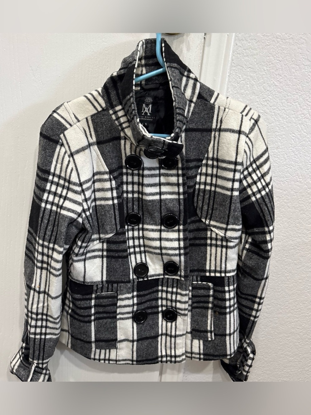 Ashley By 26 International Black & White Plaid Double-Breasted Pea Coat
